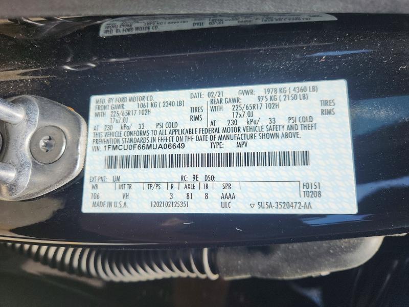 Aukcja sprzedaży 2021 Ford Escape, vin: 1FMCU0F66MUA06649, numer aukcji: 57806136