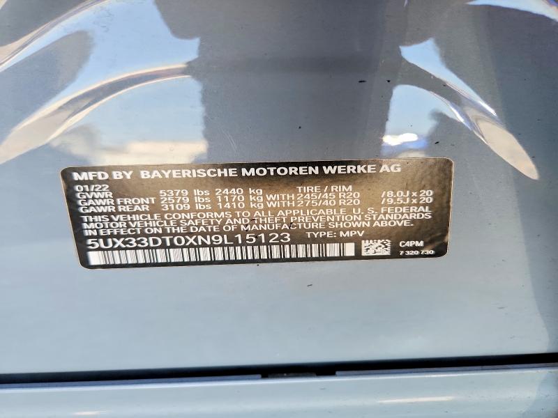 59095146 :رقم المزاد ، 5UX33DT0XN9L15123 vin ، 2022 Bmw X4 مزاد بيع