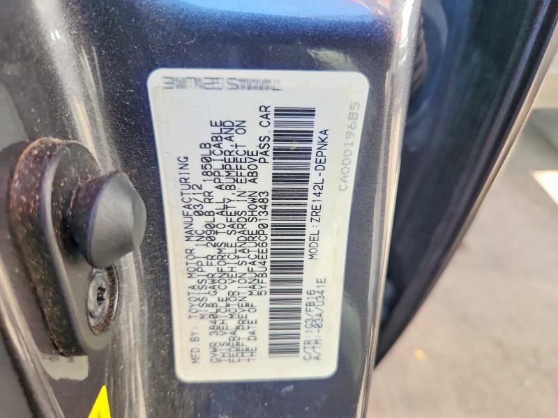 Aukcja sprzedaży 2012 Toyota Corolla, vin: 5YFBU4EE6CP013483, numer aukcji: 54147226