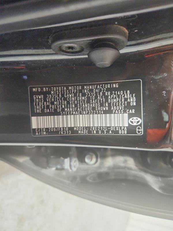 Продаж на аукціоні авто 2022 Toyota Corolla, vin: 5YFEPMAE1NP322114, номер лоту: 54546796