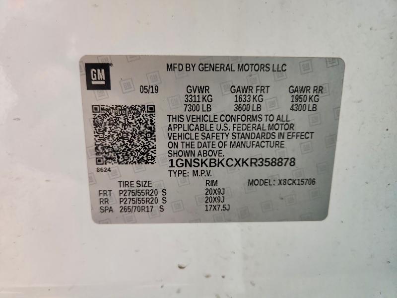Aukcja sprzedaży 2019 Chevrolet Tahoe, vin: 1GNSKBKCXKR358878, numer aukcji: 55800856