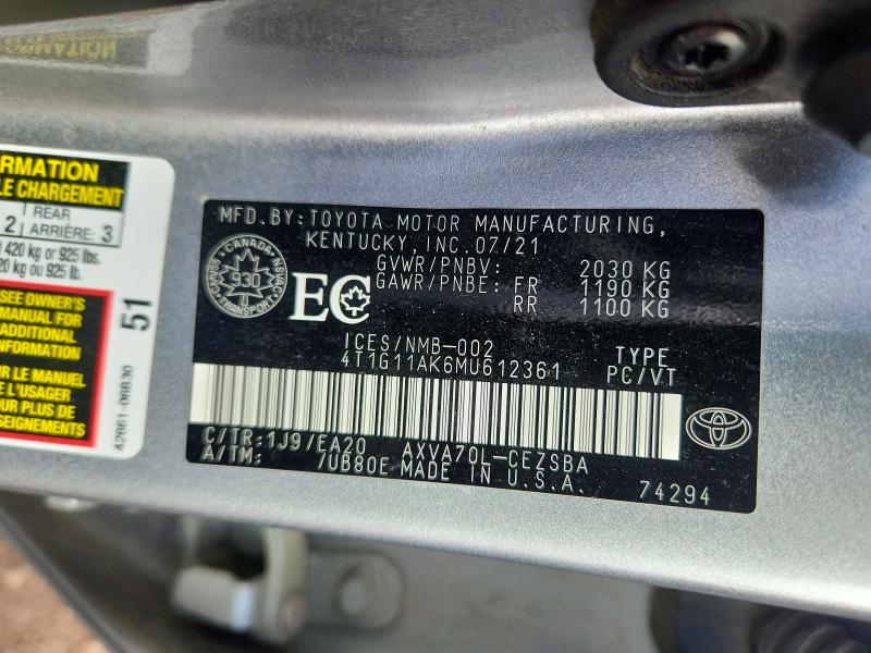 57157826 :رقم المزاد ، 4T1G11AK6MU612361 vin ، 2021 Toyota Camry مزاد بيع