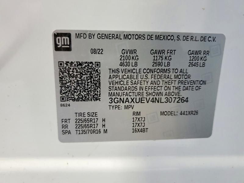 2022 Chevrolet Equinox მანქანა იყიდება აუქციონზე, vin: 3GNAXUEV4NL307264, აუქციონის ნომერი: 57730716