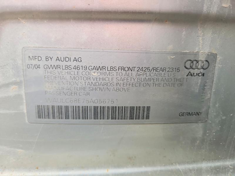2005 Audi A4 მანქანა იყიდება აუქციონზე, vin: WAULC68E75A056751, აუქციონის ნომერი: 54252426