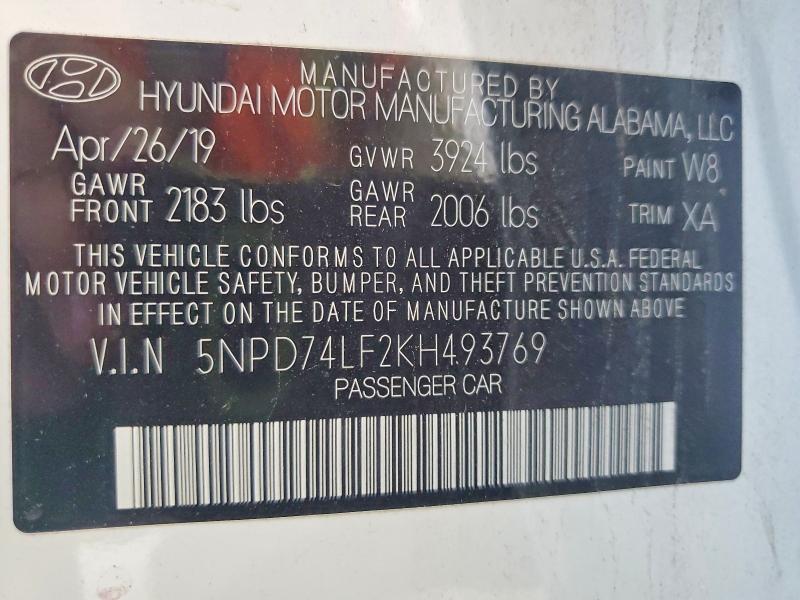 57497216 :رقم المزاد ، 5NPD74LF2KH493769 vin ، 2019 Hyundai Elantra مزاد بيع