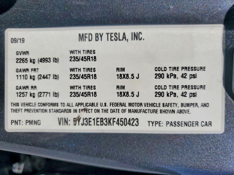 Продаж на аукціоні авто 2019 Tesla Model 3, vin: 5YJ3E1EB3KF450423, номер лоту: 58631086