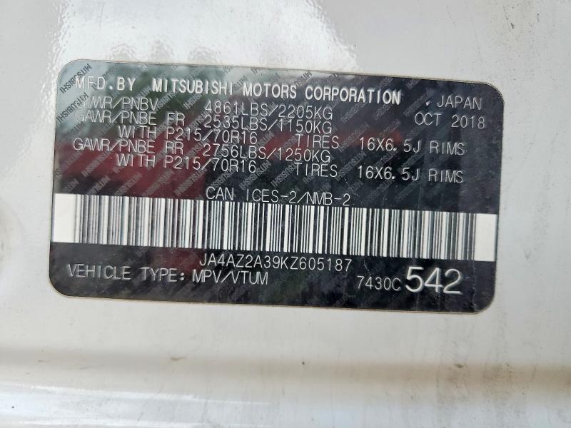 58542666 :رقم المزاد ، JA4AZ2A39KZ605187 vin ، 2019 Mitsubishi Outlander مزاد بيع