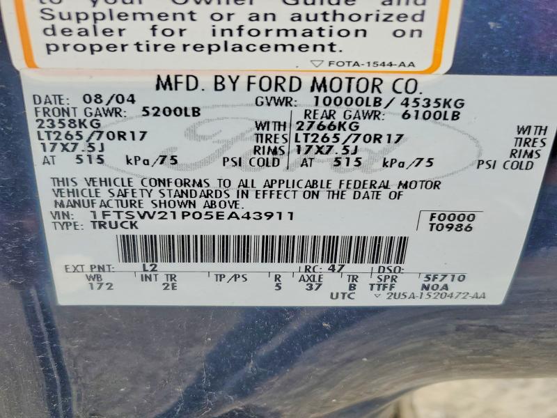 Продаж на аукціоні авто 2005 Ford F250, vin: 1FTSW21P05EA43911, номер лоту: 58230246