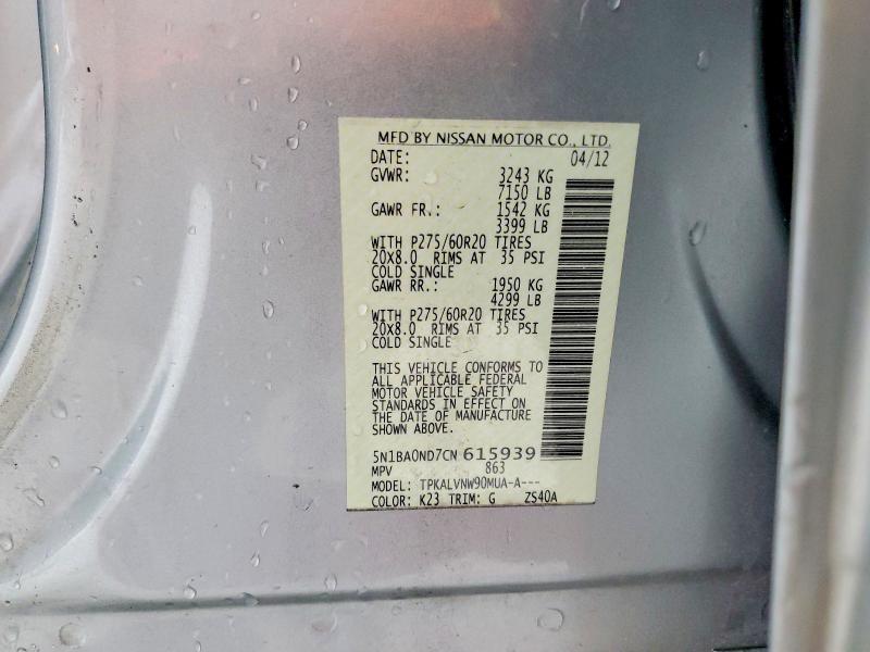 2012 Nissan Armada მანქანა იყიდება აუქციონზე, vin: 5N1BA0ND7CN615939, აუქციონის ნომერი: 56166516