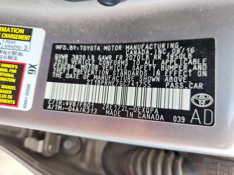 Продажа на аукционе авто 2016 Toyota Corolla, vin: 2T1BPRHE7GC741755, номер лота: 58233956