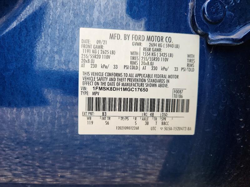 2021 Ford Explorer მანქანა იყიდება აუქციონზე, vin: 1FMSK8DH1MGC17650, აუქციონის ნომერი: 55588296