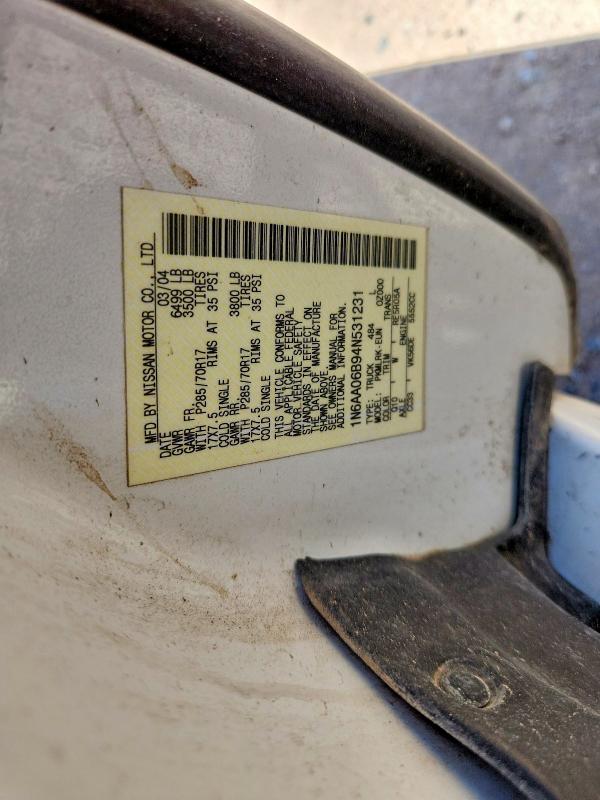 2004 Nissan Titan მანქანა იყიდება აუქციონზე, vin: 1N6AA06B94N531231, აუქციონის ნომერი: 56603136