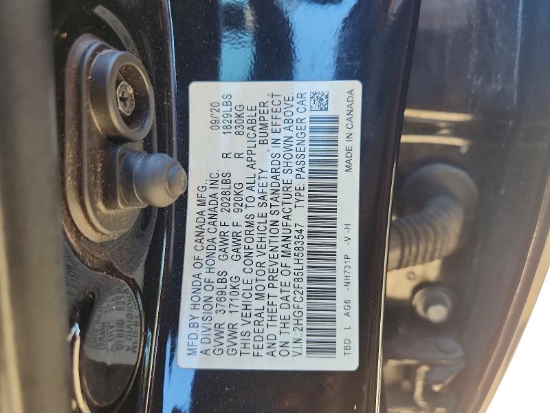 2020 Honda Civic მანქანა იყიდება აუქციონზე, vin: 2HGFC2F85LH583547, აუქციონის ნომერი: 55306146