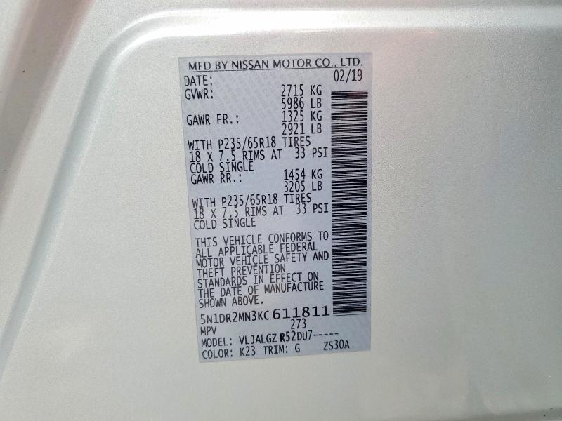 Продаж на аукціоні авто 2019 Nissan Pathfinder, vin: 5N1DR2MN3KC611811, номер лоту: 55861146