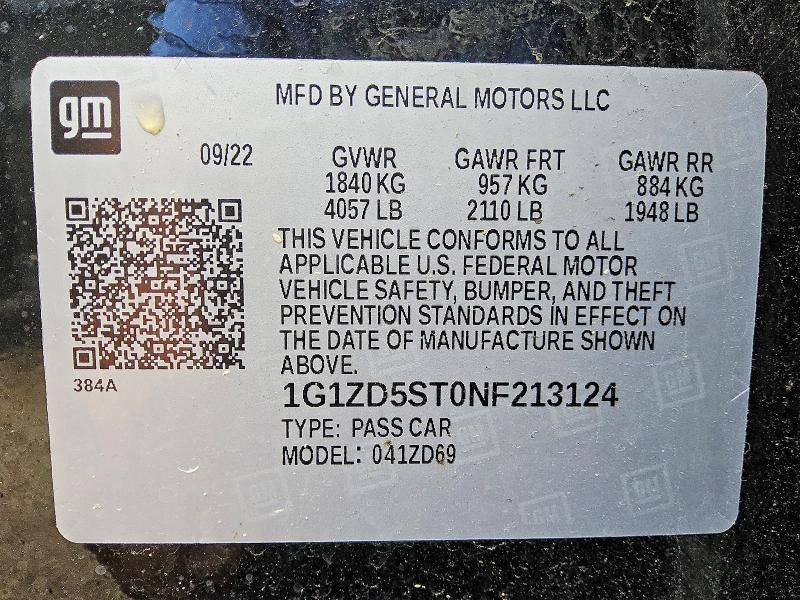 Продаж на аукціоні авто 2022 Chevrolet Malibu, vin: 1G1ZD5ST0NF213124, номер лоту: 57331226