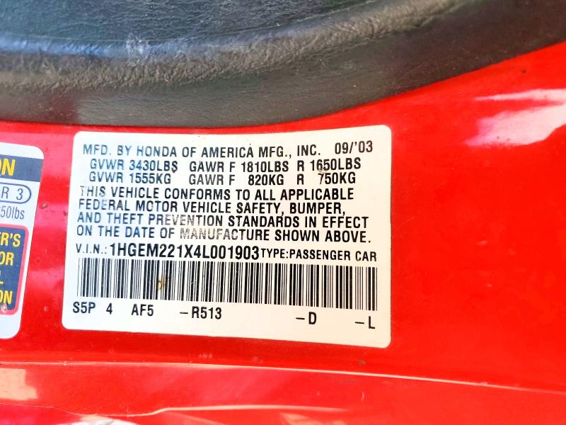 2004 Honda Civic მანქანა იყიდება აუქციონზე, vin: 1HGEM221X4L001903, აუქციონის ნომერი: 58644276