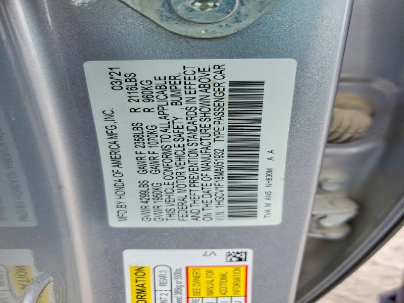 56000486 :رقم المزاد ، 1HGCV1F18MA051932 vin ، 2021 Honda Accord مزاد بيع