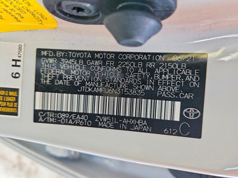 2022 Toyota Prius მანქანა იყიდება აუქციონზე, vin: JTDKAMFU6N3153835, აუქციონის ნომერი: 59001196