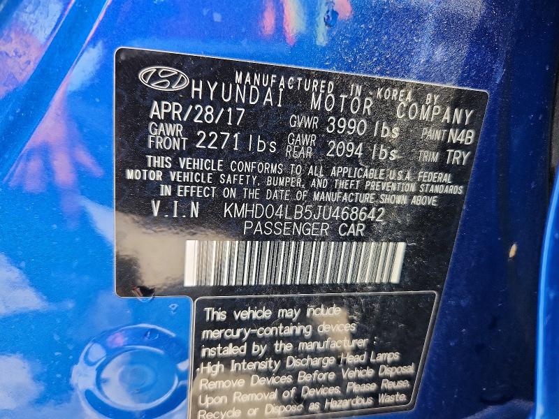 Продаж на аукціоні авто 2018 Hyundai Elantra, vin: KMHD04LB5JU468642, номер лоту: 55654386