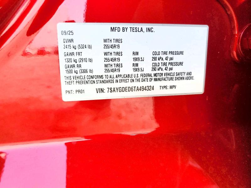 Aukcja sprzedaży 2026 Tesla Model Y, vin: 7SAYGDED6TA494324, numer aukcji: 59190326