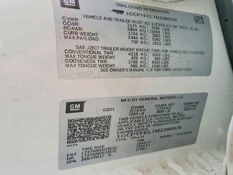 57239636 :رقم المزاد ، 1GCPYFEL7MZ286976 vin ، 2021 Chevrolet Silverado مزاد بيع