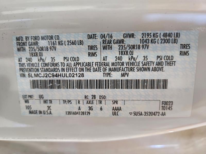 2017 Lincoln Mkc მანქანა იყიდება აუქციონზე, vin: 5LMCJ2C94HUL02128, აუქციონის ნომერი: 56002616