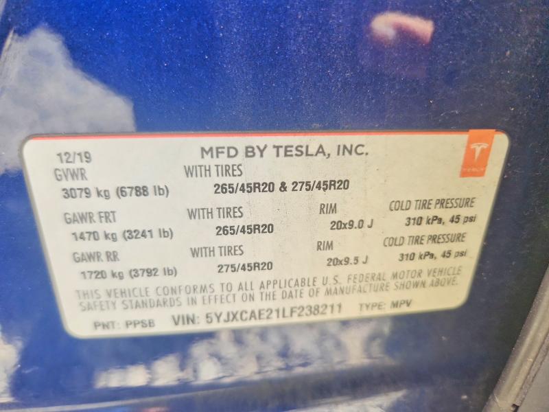 2020 Tesla Model X მანქანა იყიდება აუქციონზე, vin: 5YJXCAE21LF238211, აუქციონის ნომერი: 57231956