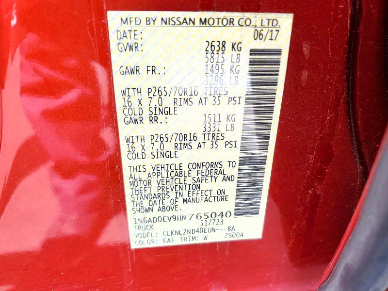 56644256 :رقم المزاد ، 1N6AD0EV9HN765040 vin ، 2017 Nissan Frontier مزاد بيع