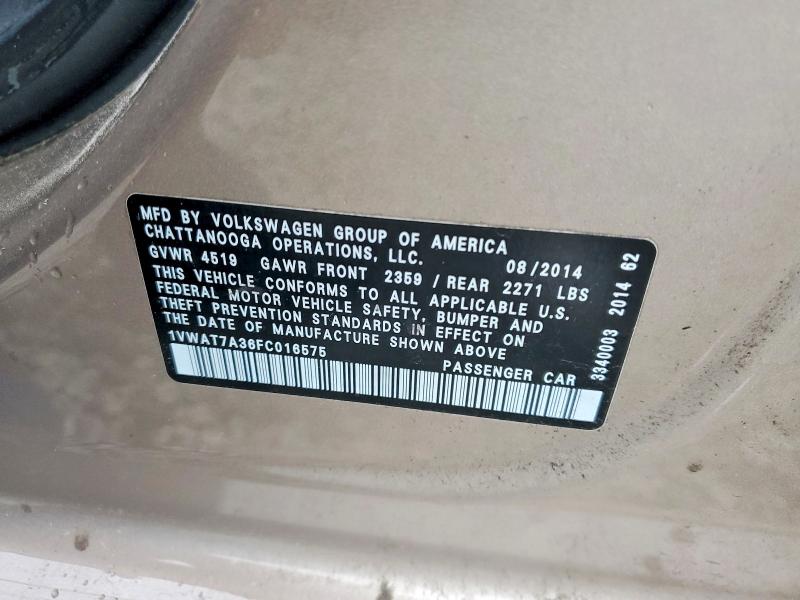 57904116 :رقم المزاد ، 1VWAT7A36FC016575 vin ، 2015 Volkswagen Passat مزاد بيع