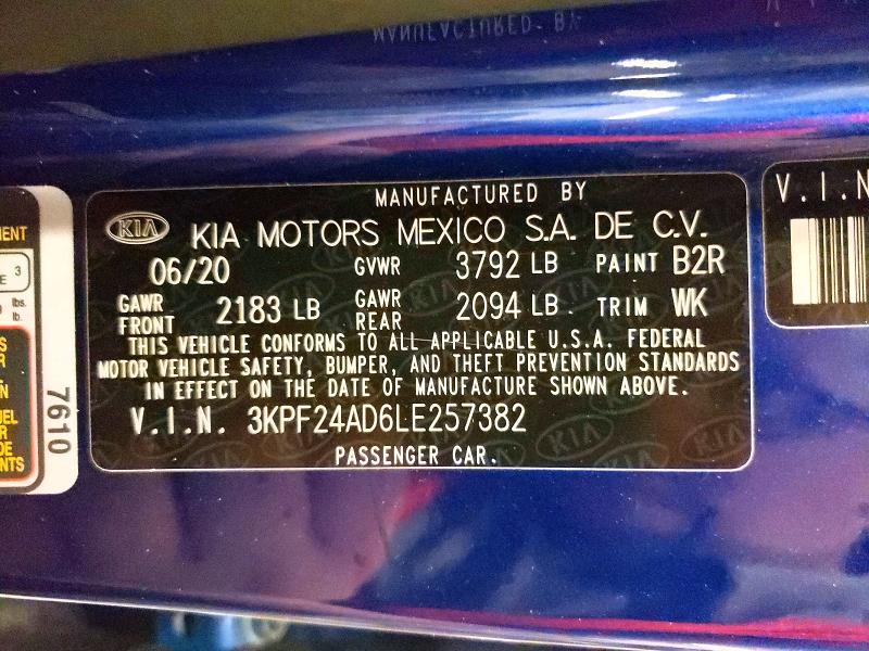 2020 Kia Forte მანქანა იყიდება აუქციონზე, vin: 3KPF24AD6LE257382, აუქციონის ნომერი: 57858496