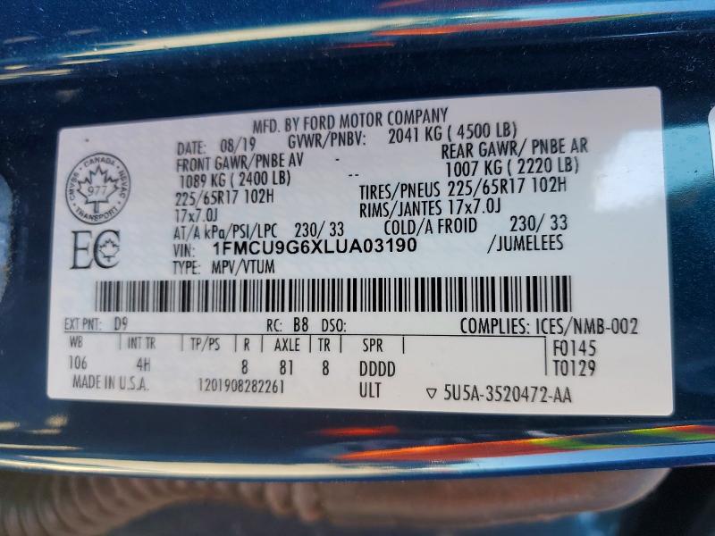 Продаж на аукціоні авто 2020 Ford Escape, vin: 1FMCU9G6XLUA03190, номер лоту: 57722686