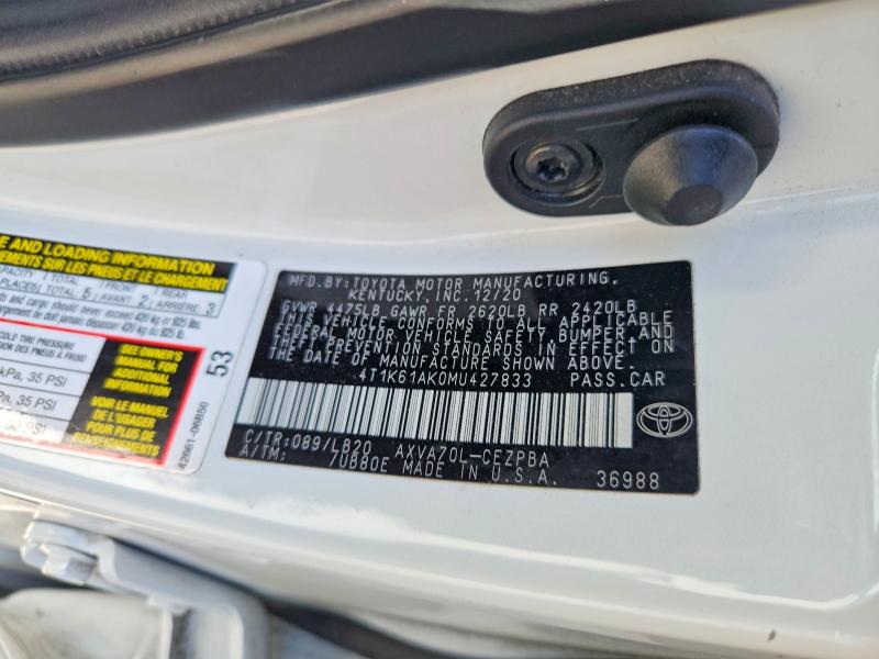 Aukcja sprzedaży 2021 Toyota Camry, vin: 4T1K61AK0MU427833, numer aukcji: 58819316