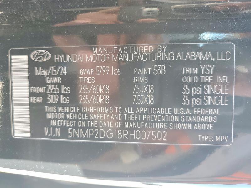 2024 Hyundai Santa Fe მანქანა იყიდება აუქციონზე, vin: 5NMP2DG18RH007502, აუქციონის ნომერი: 56258366