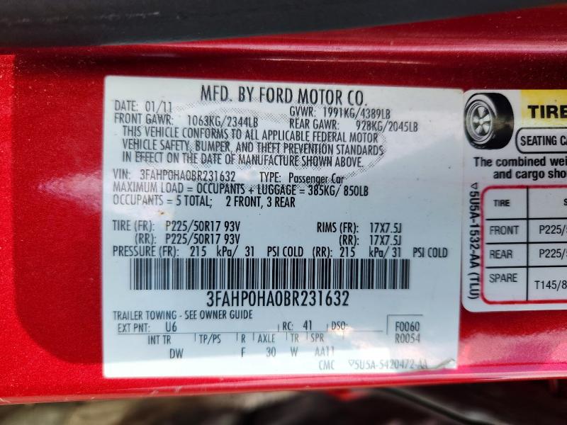 Продажа на аукционе авто 2011 Ford Fusion, vin: 3FAHP0HA0BR231632, номер лота: 57194796