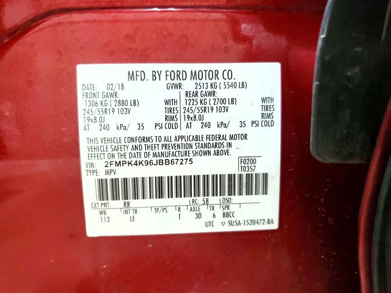 Продаж на аукціоні авто 2018 Ford Edge, vin: 2FMPK4K96JBB67275, номер лоту: 59200816