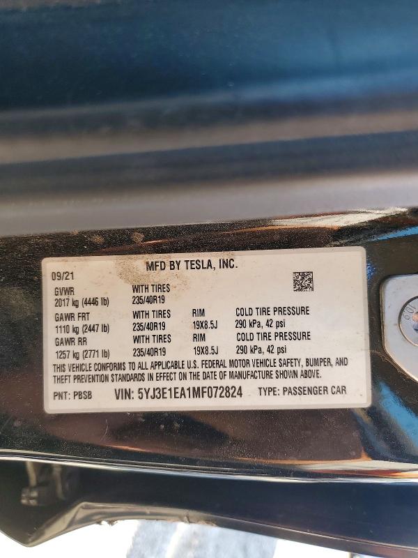 Продажа на аукционе авто 2021 Tesla Model 3, vin: 5YJ3E1EA1MF072824, номер лота: 58305946