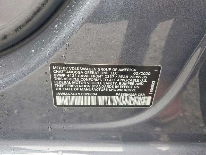 55197116 :رقم المزاد ، 1VWMA7A37LC020004 vin ، 2020 Volkswagen Passat مزاد بيع