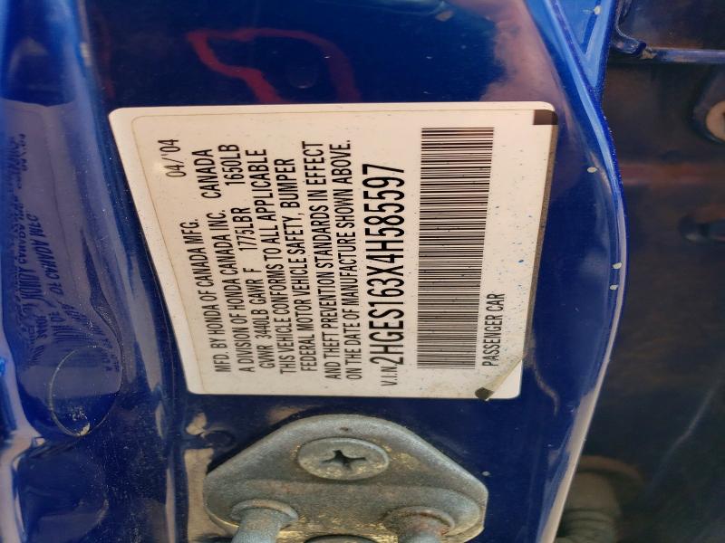 2004 Honda Civic მანქანა იყიდება აუქციონზე, vin: 2HGES163X4H585597, აუქციონის ნომერი: 58229426