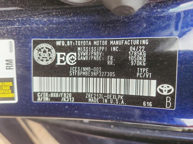 55921066 :رقم المزاد ، 5YFBPMBE9NP327305 vin ، 2022 Toyota Corolla مزاد بيع
