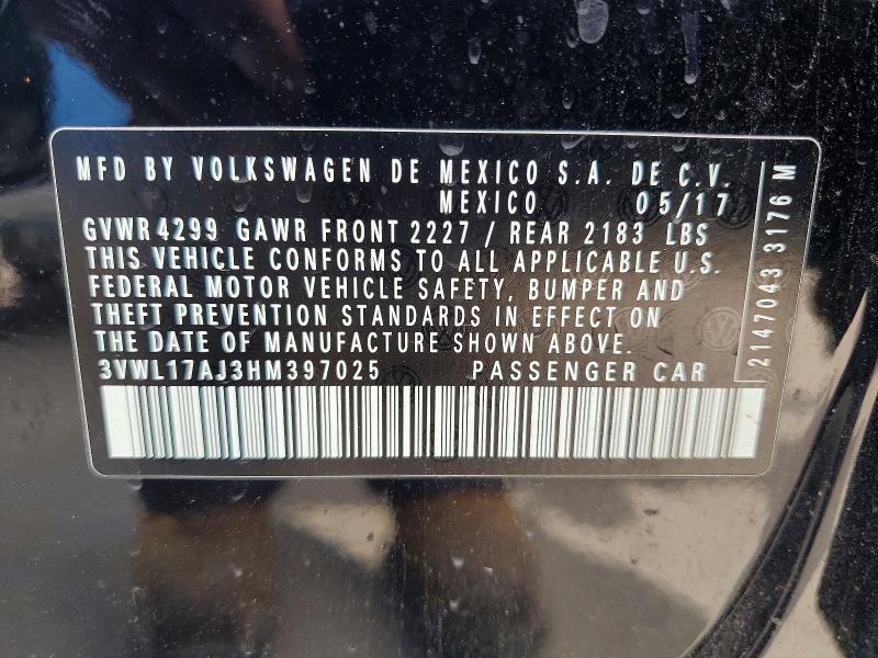 2017 Volkswagen Jetta მანქანა იყიდება აუქციონზე, vin: 3VWL17AJ3HM397025, აუქციონის ნომერი: 56254726