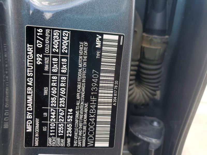 Aukcja sprzedaży 2017 Mercedes-benz Glc, vin: WDC0G4KB4HF139407, numer aukcji: 54880406