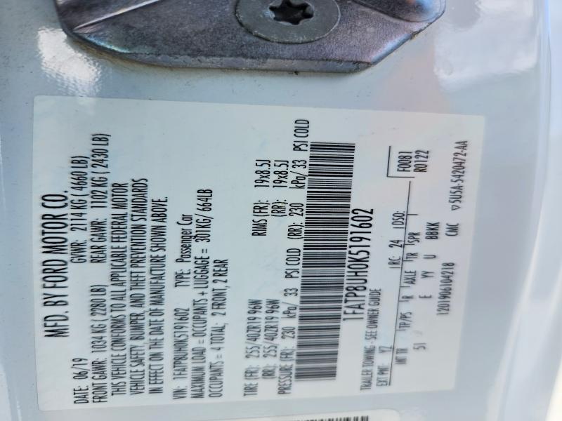 56427436 :رقم المزاد ، 1FATP8UH0K5191602 vin ، 2019 Ford Mustang مزاد بيع