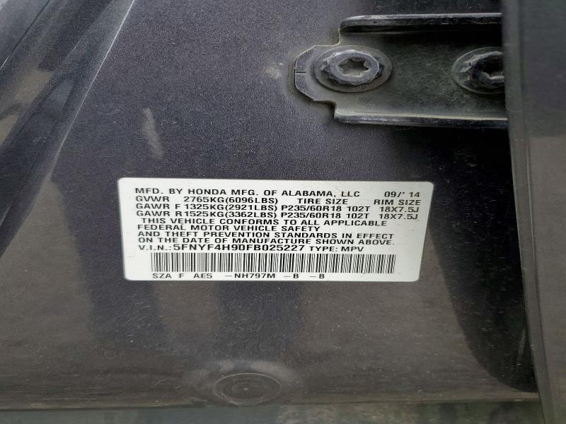 59001496 :رقم المزاد ، 5FNYF4H90FB025227 vin ، 2015 Honda Pilot مزاد بيع