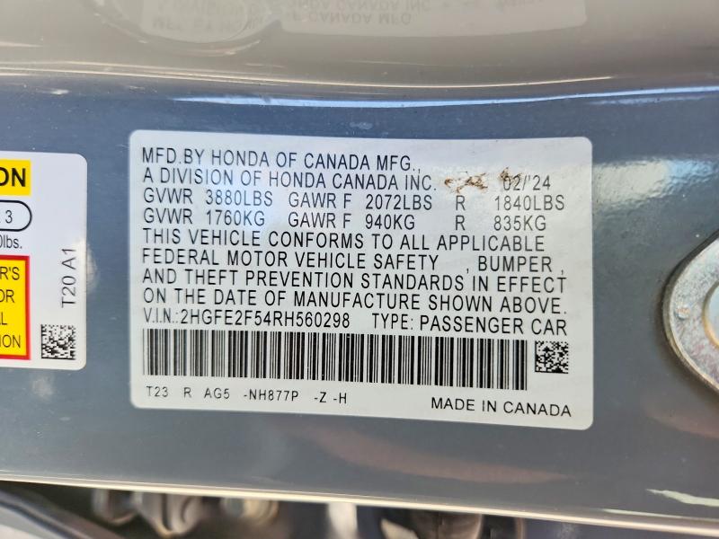 Продажа на аукционе авто 2024 Honda Civic, vin: 2HGFE2F54RH560298, номер лота: 57445066