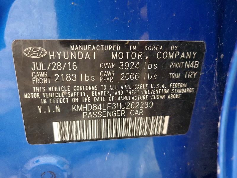 58203286 :رقم المزاد ، KMHD84LF3HU262239 vin ، 2017 Hyundai Elantra مزاد بيع