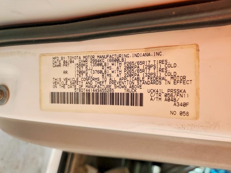 2004 Toyota Tundra მანქანა იყიდება აუქციონზე, vin: 5TBDT44144S455285, აუქციონის ნომერი: 58774286