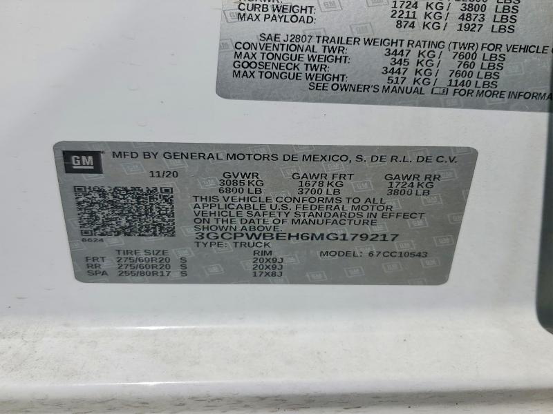 2021 Chevrolet Silverado მანქანა იყიდება აუქციონზე, vin: 3GCPWBEH6MG179217, აუქციონის ნომერი: 57023956