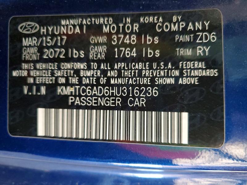 Продаж на аукціоні авто 2017 Hyundai Veloster, vin: KMHTC6AD6HU316236, номер лоту: 57043186