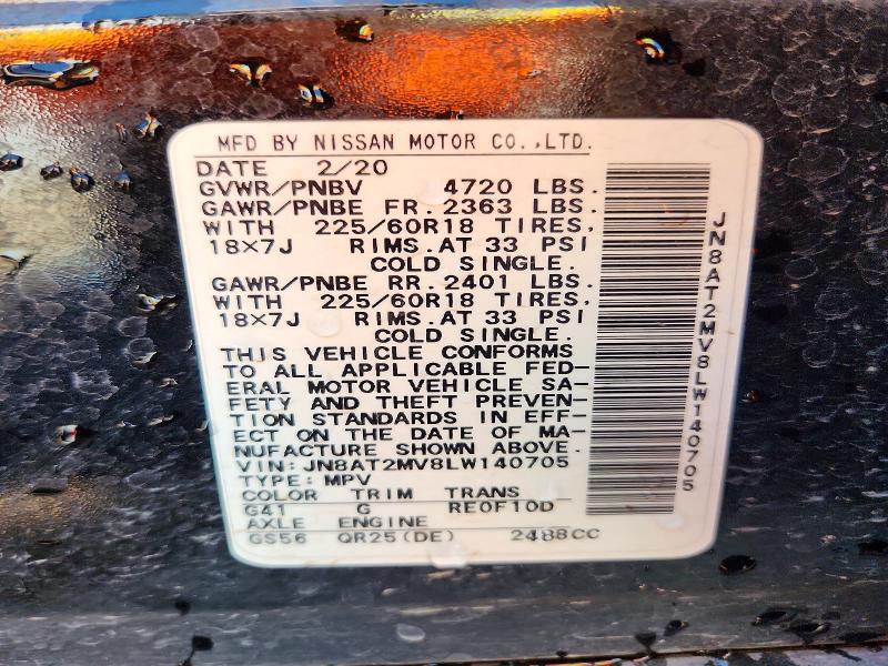 58996786 :رقم المزاد ، JN8AT2MV8LW140705 vin ، 2020 Nissan Rogue مزاد بيع