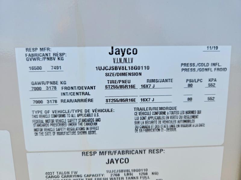 Продажа на аукционе авто 2020 Jayco Talon403t, vin: 1UJCJSBV8L18G0110, номер лота: 59083406